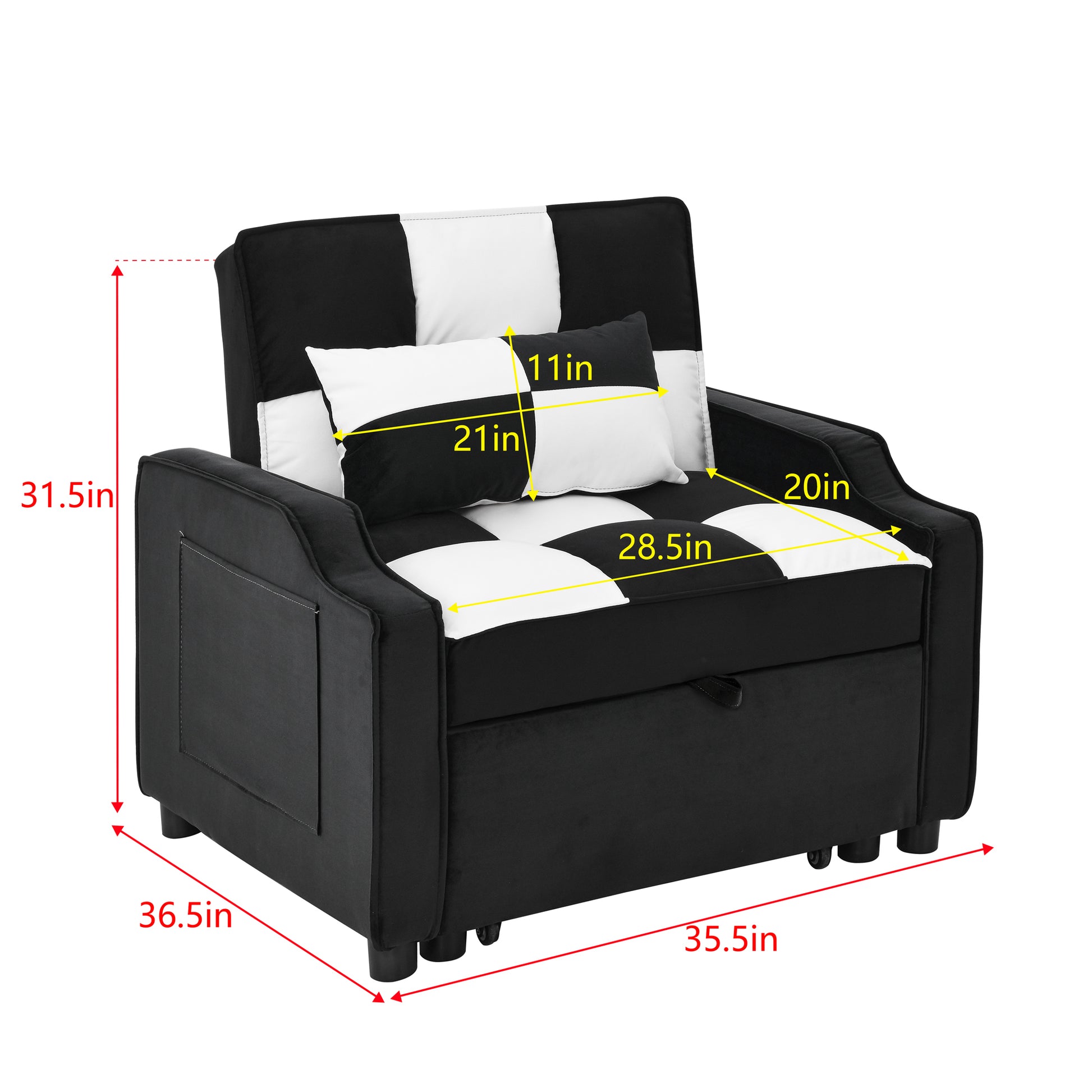 modern velvet armchair sofa couch  pull out  bed,3 in one convertible for living room sofa bed,black white