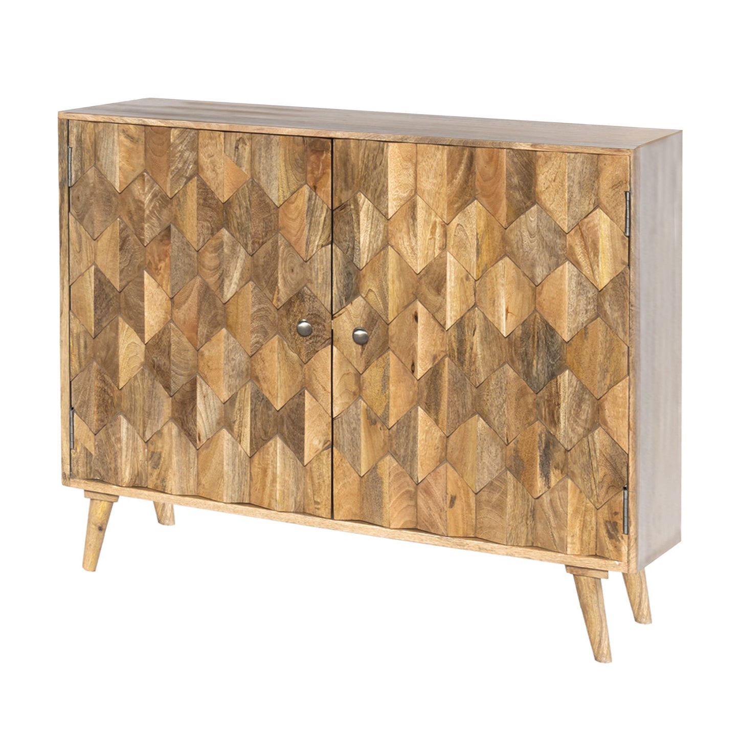 36 Inch Handcrafted Accent Cabinet, 2 Honeycomb Inlaid Doors, Mango Wood, Natural Brown