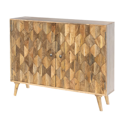 36 Inch Handcrafted Accent Cabinet, 2 Honeycomb Inlaid Doors, Mango Wood, Natural Brown