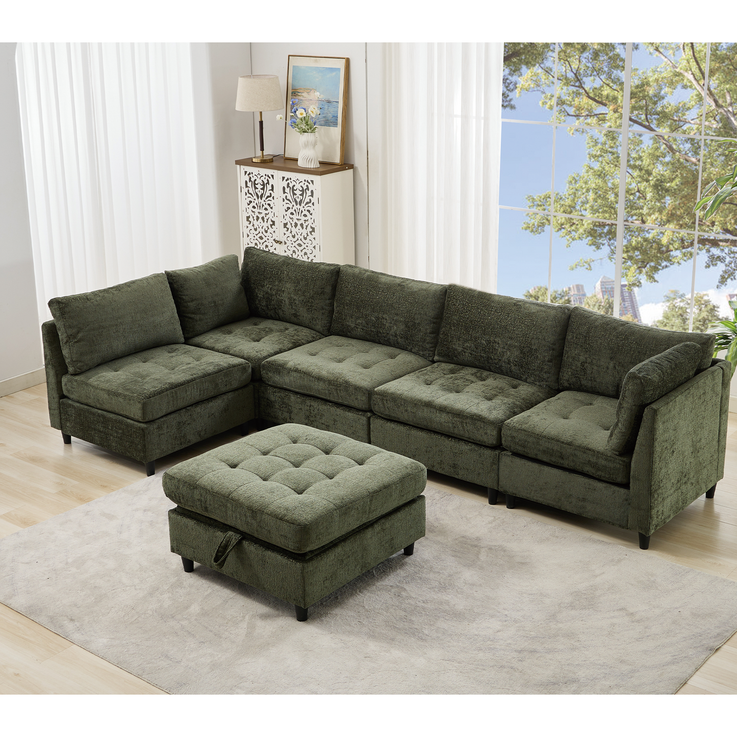 [NEW ARRIVED] [VIDEO PROVIDED]   Modular Sectional Couch with Storage Ottoman, U Shaped Sofa, Storage Ottoman,Minimalist ,Convertible Modular Sofa,Chenille ,Upholstered,6 Seat,Living Room,   Green