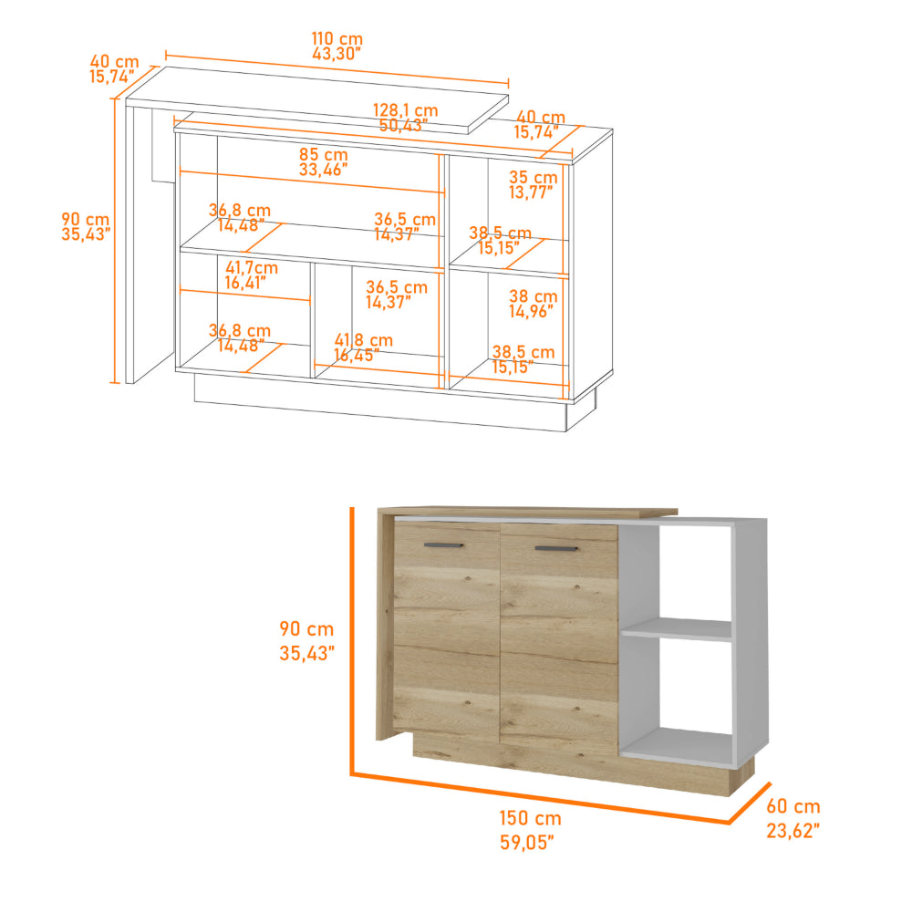 White and Light Oak 4-Door 2-piece Kitchen Set, Kitchen Island and Pantry Cabinet