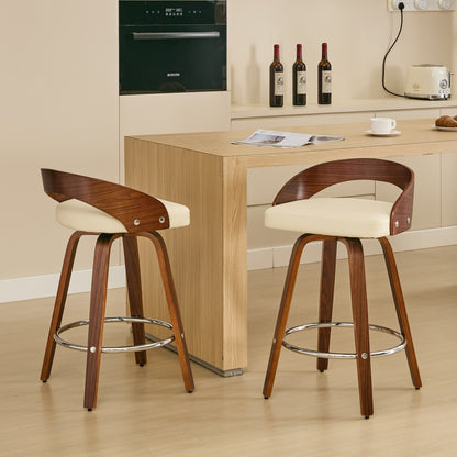 Bar Stools Set of 2, Swivel Bar Height Stools with Low Back, Wood Bar Chairs with Soft Cushion Seat, 25-Inch Seat Height (Beige, 25" Counter Height)