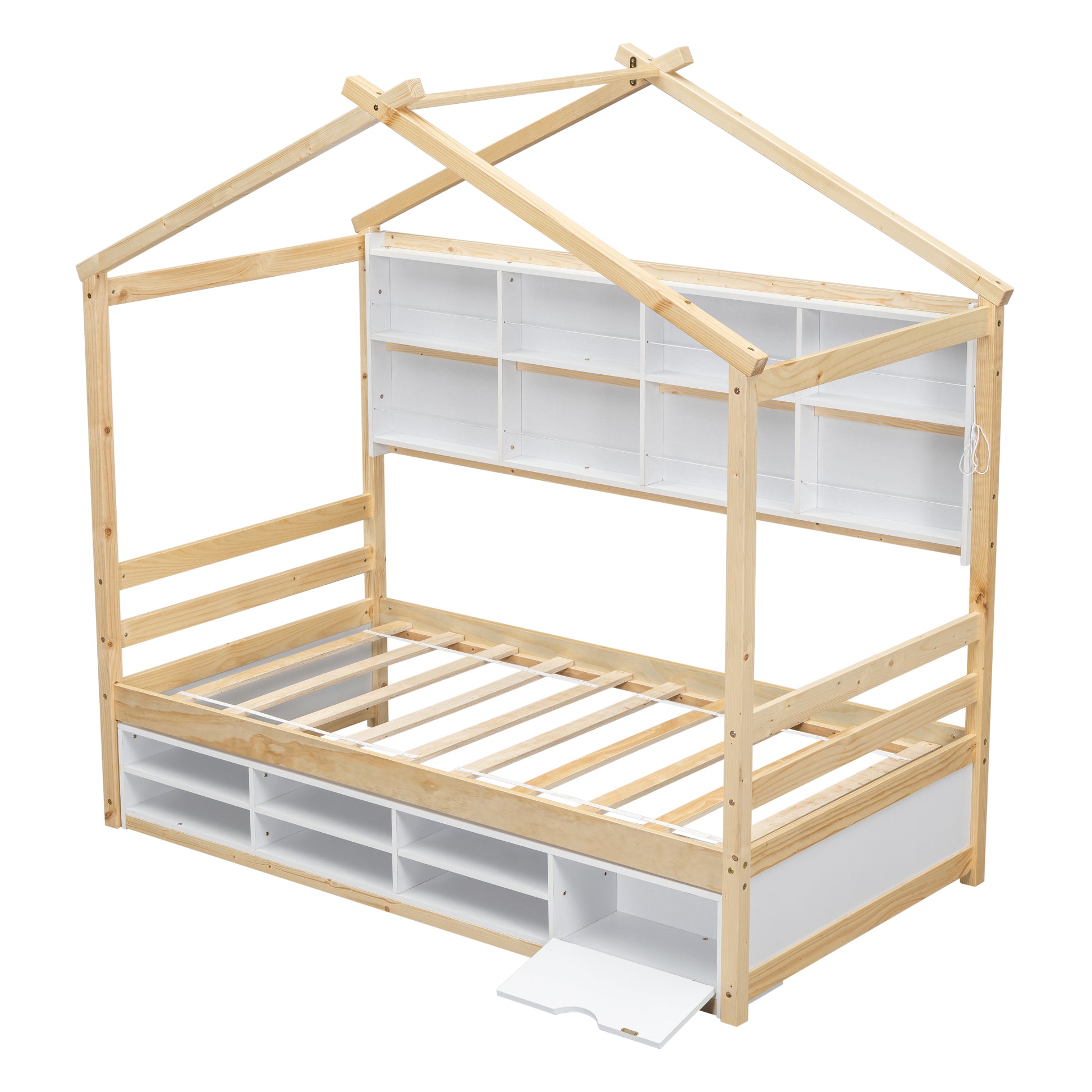 Twin House Bed with Roof Frame, Bedside-shelves, Under Bed Storage Unit,Natural