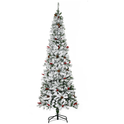 HOMCOM 7.5' Pencil Snow Flocked Artificial Christmas Tree with 600 Pine Realistic Branches, Pine Cones, Red Berries, Auto Open, Green