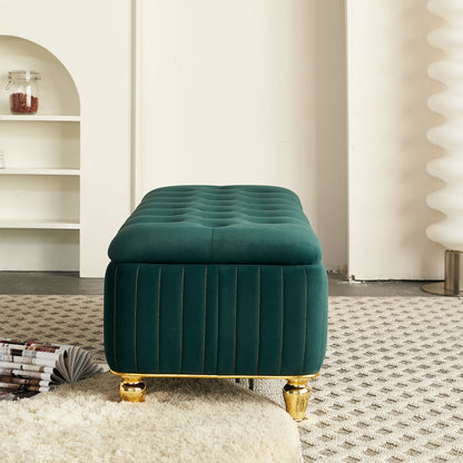 47.24''W Storage Ottoman,Upholstered Velvet Fabric Storage Ottoman with Safety Hinge, gold decoration strip and gold embroidery Footstool, Ottoman Bench for Living Room & Bedroom,Green Color