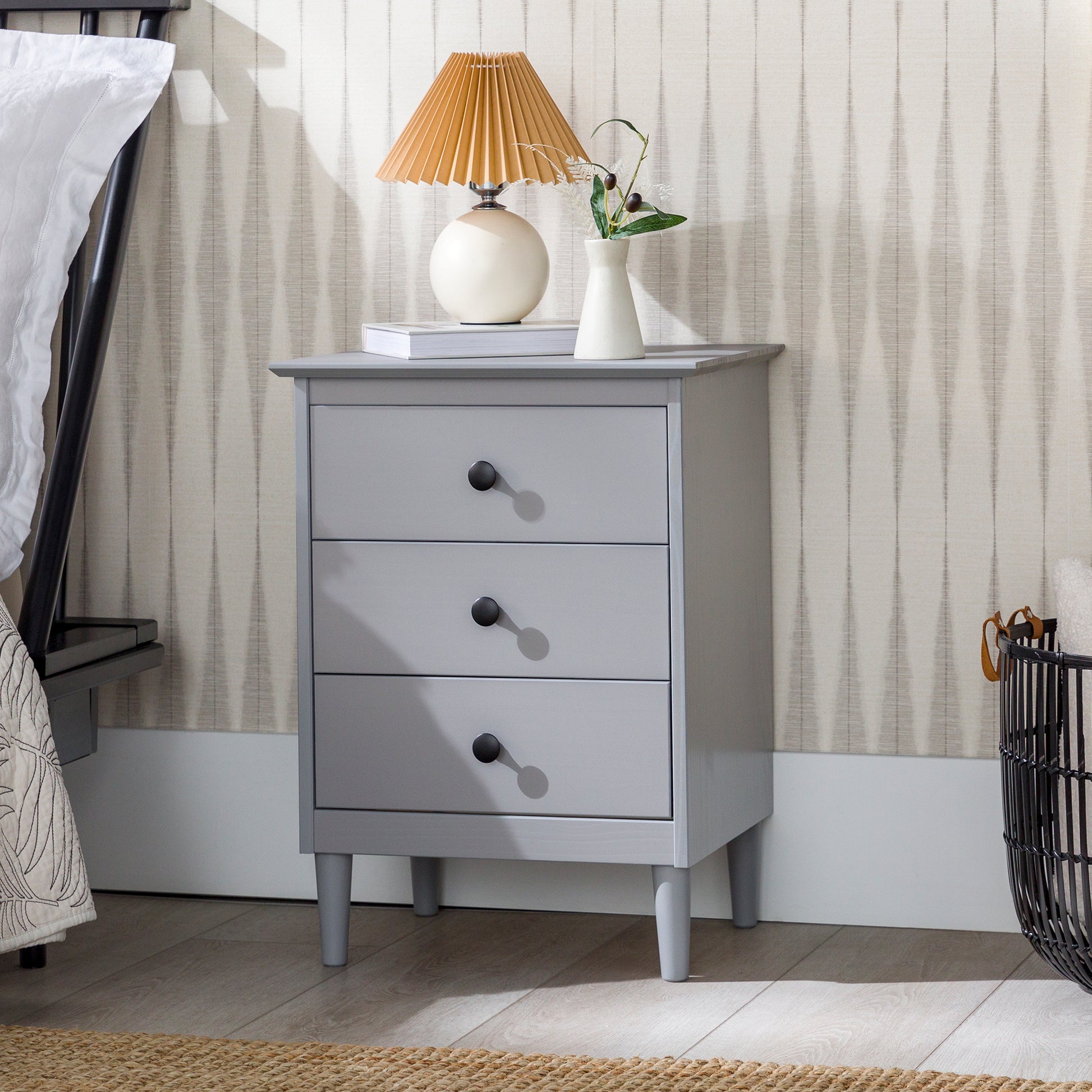 Classic Solid Wood 3-Drawer Nightstand – Grey