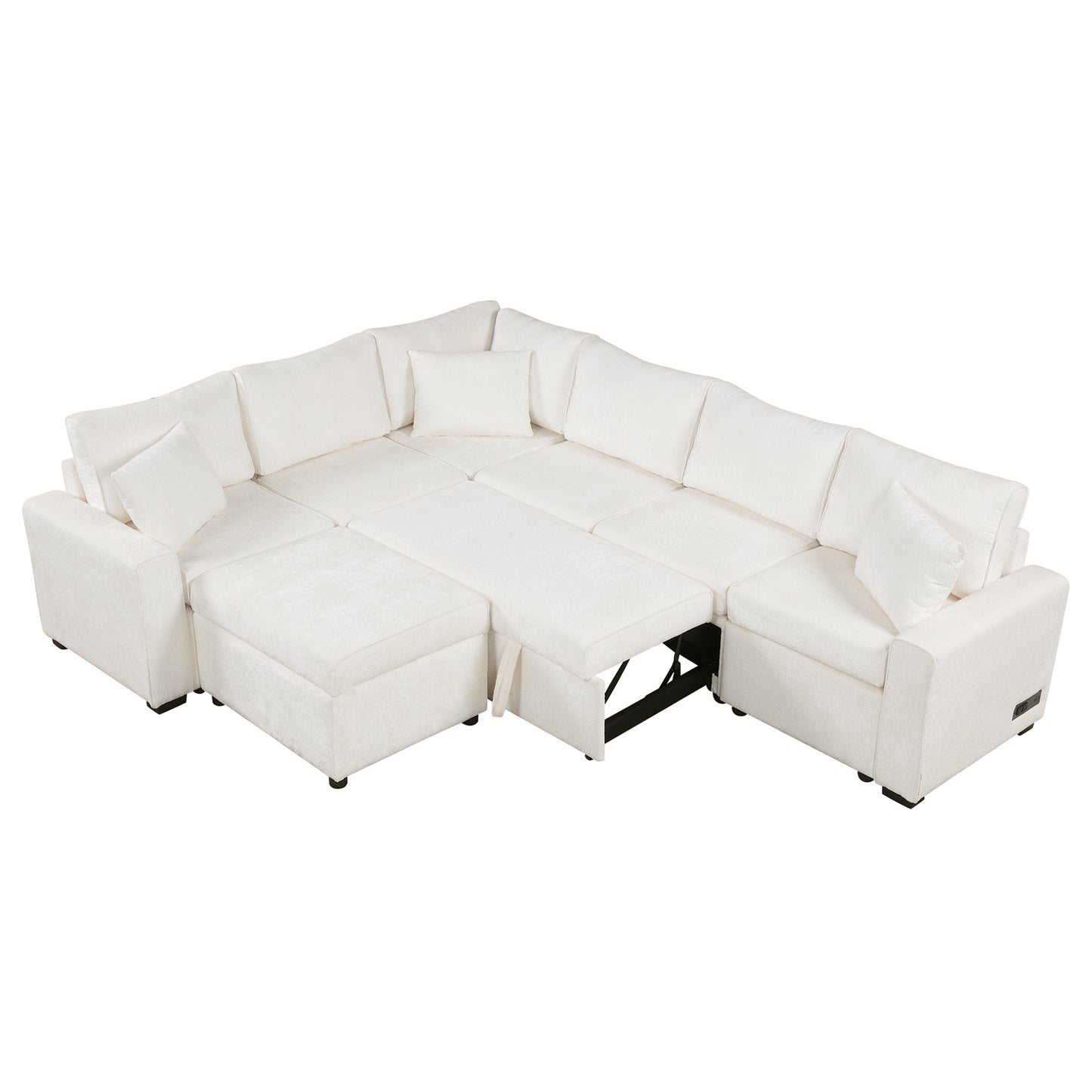 112.2" Sectional Sofa Pull-out Sofa Bed Sleeper with a Storage Ottoman,Three Pillows and Charging Devices for Living Room, Cream