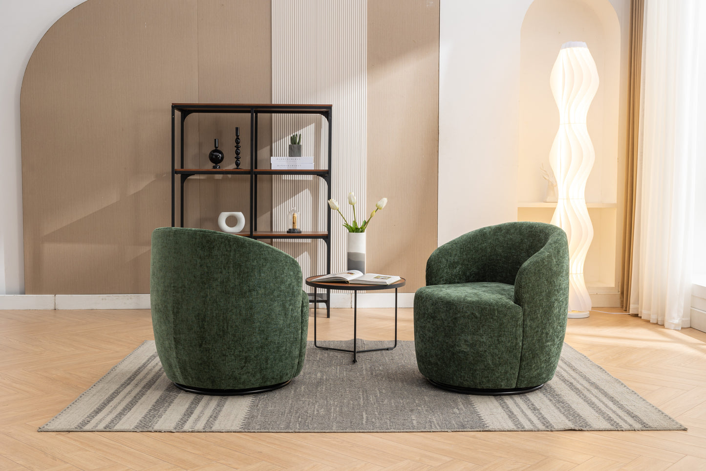 037-Chenille Fabric Swivel Accent Armchair Barrel Chair With Black Powder Coating Metal Ring,Green