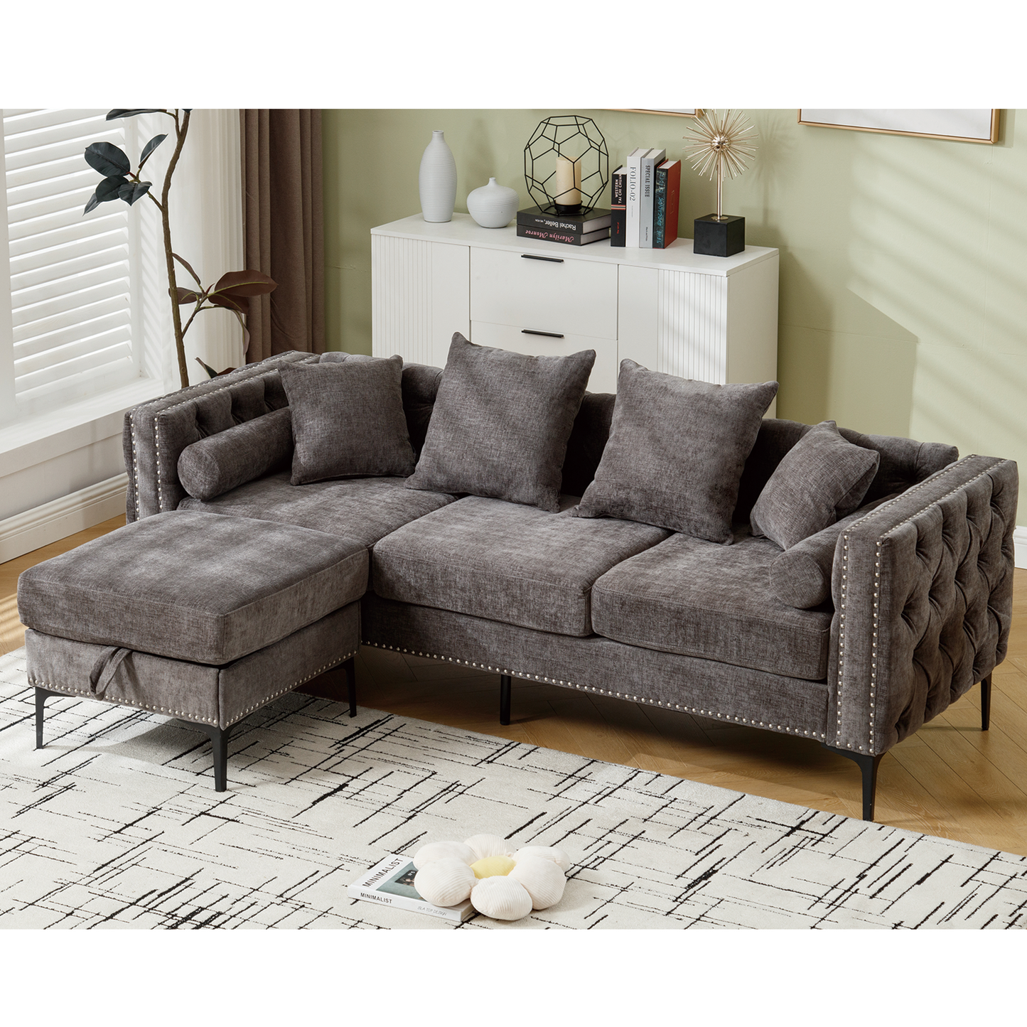 [NEW ARRIVED] [VIDEO PROVIDED]L Shaped Sectional Sofa , Convertible Storage Ottoman,Chenille ,Square Arm,  Modern Tufted Couch ,3 Seater, And Nailhead, Dark gray