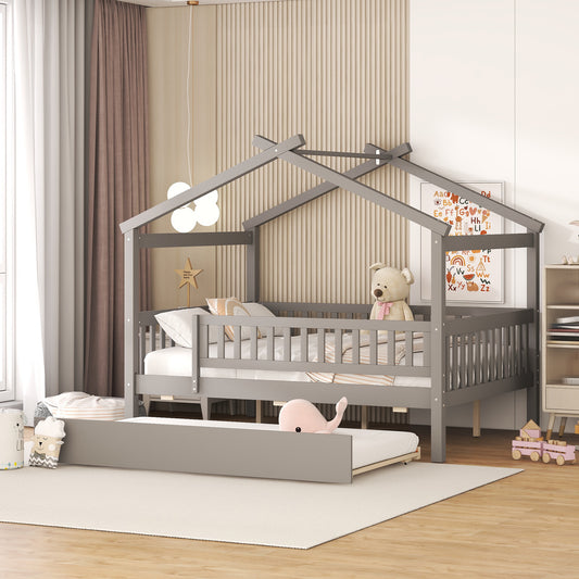 Full Size Wooden House Bed with Twin Size Trundle, Gray