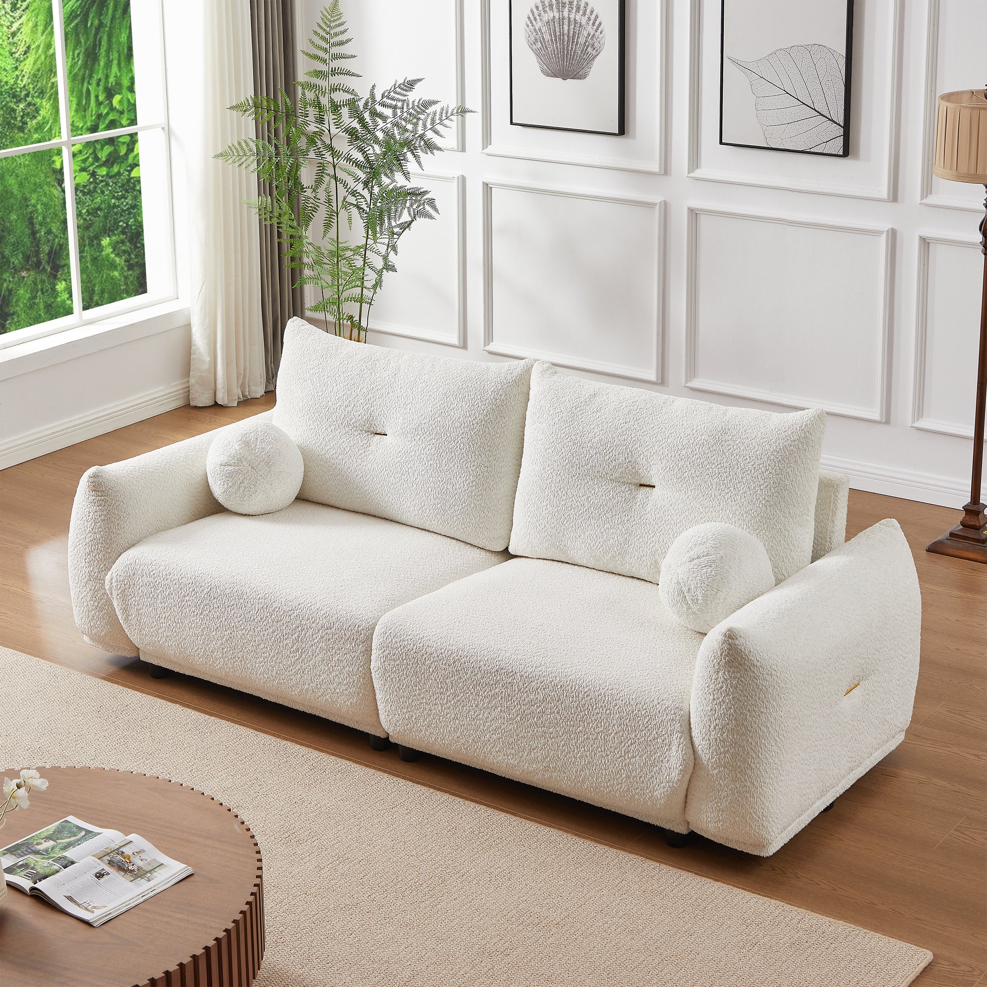 Lamb's wool 2-seater cushion sofa 90'' comfortable sofa for living room Bedroom and other casual spaces Lamb's wool sofa with 2 cushions and 2 ball pillows. (beige)