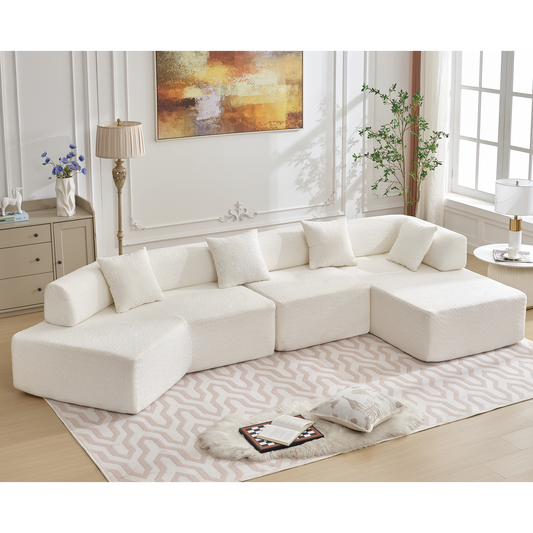 [NEW ARRIVED] [VIDEO PROVIDED]Modern Minimalist 140" L-Shape Couch ,No Assembly Required,Boucle,Modular Sofa ,Couch with Chaise,Free Combination Foam-Filled Sofa, 4 Seats,White