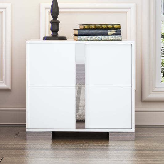 Elegant Nightstand with Metal Handle,Mirrored Bedside Table with 2 Drawers for Bedroom,Living Room,White