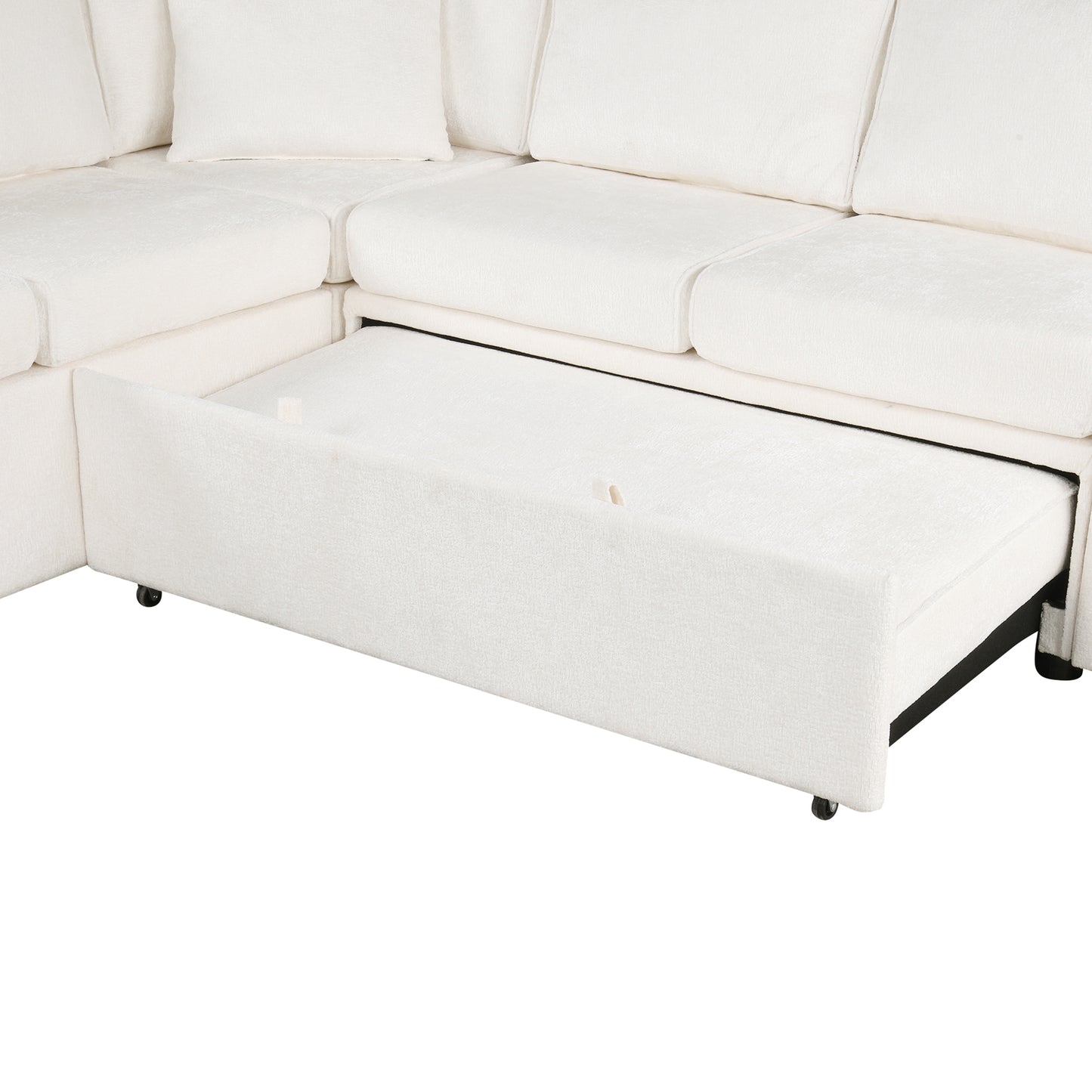 112.2" Sectional Sofa Pull-out Sofa Bed Sleeper with a Storage Ottoman,Three Pillows and Charging Devices for Living Room, Cream