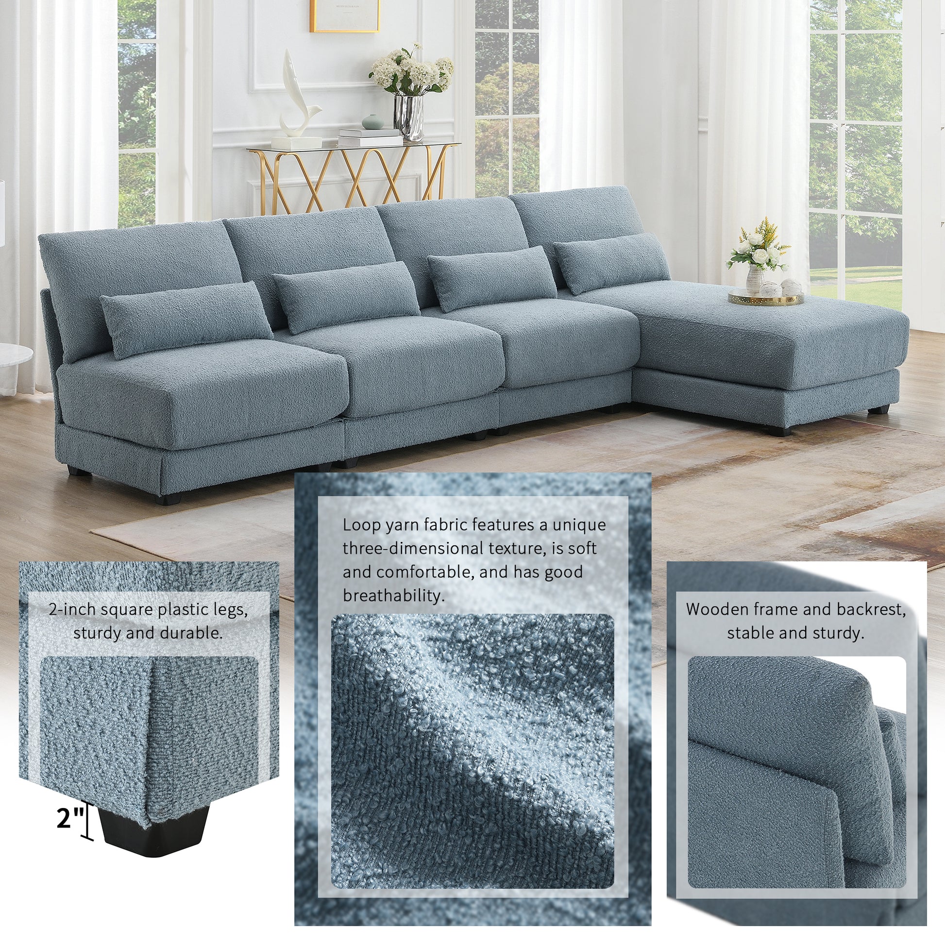 [VIDEO provided][New]120*61" Oversized Deep Seat Sectional Sofa with Reversible Chaise,Loop Yarn Fabric 5-seat Armless Indoor Furniture,Convertible L-shaped Couch for Living Room,Apartment,3 Colors