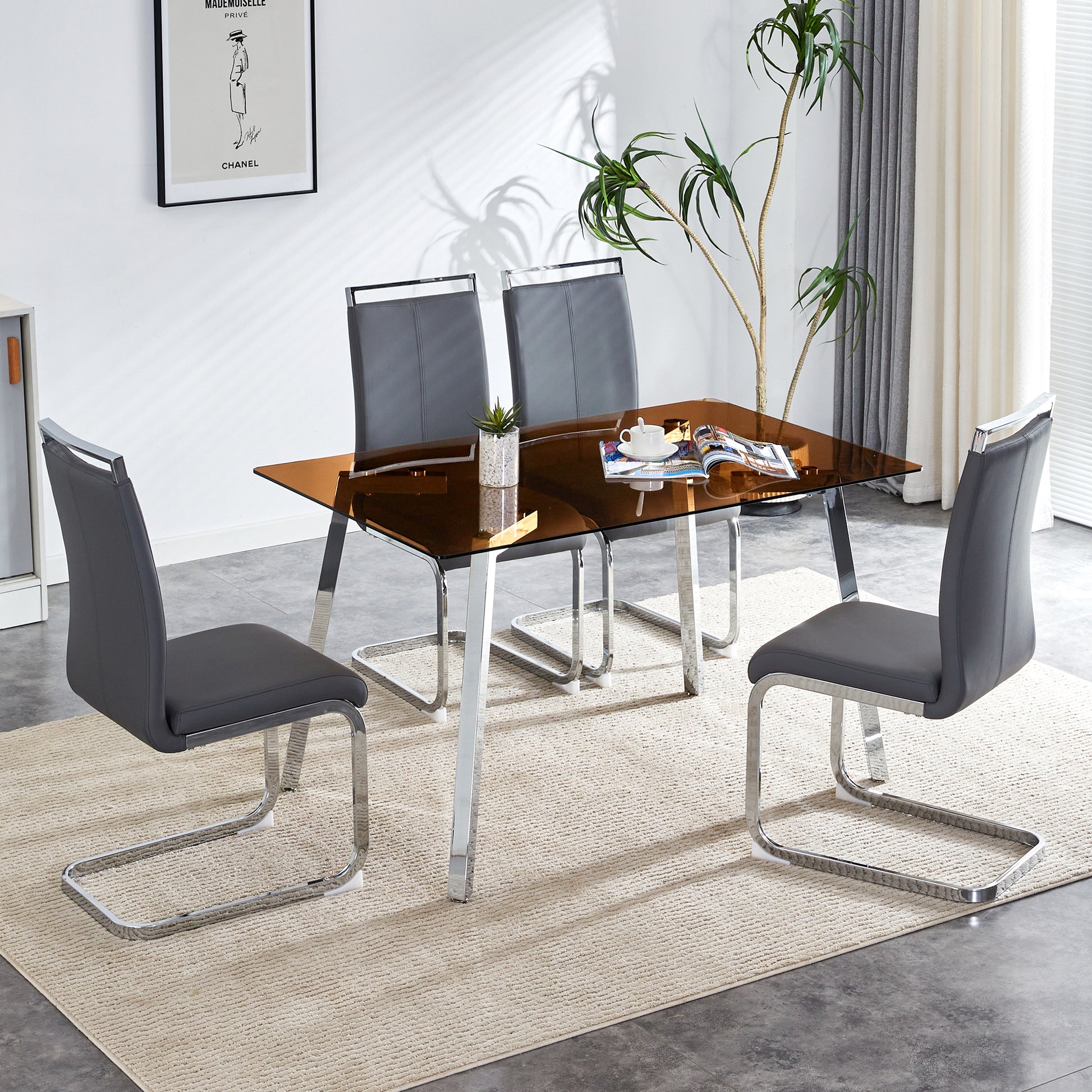 Modern Brown Glass Dining Set with 4 Chairs