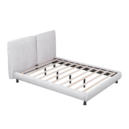 Queen Size Upholstered Platform Bed with Two Large Headrests and Thick Fabric, Polyester, Beige