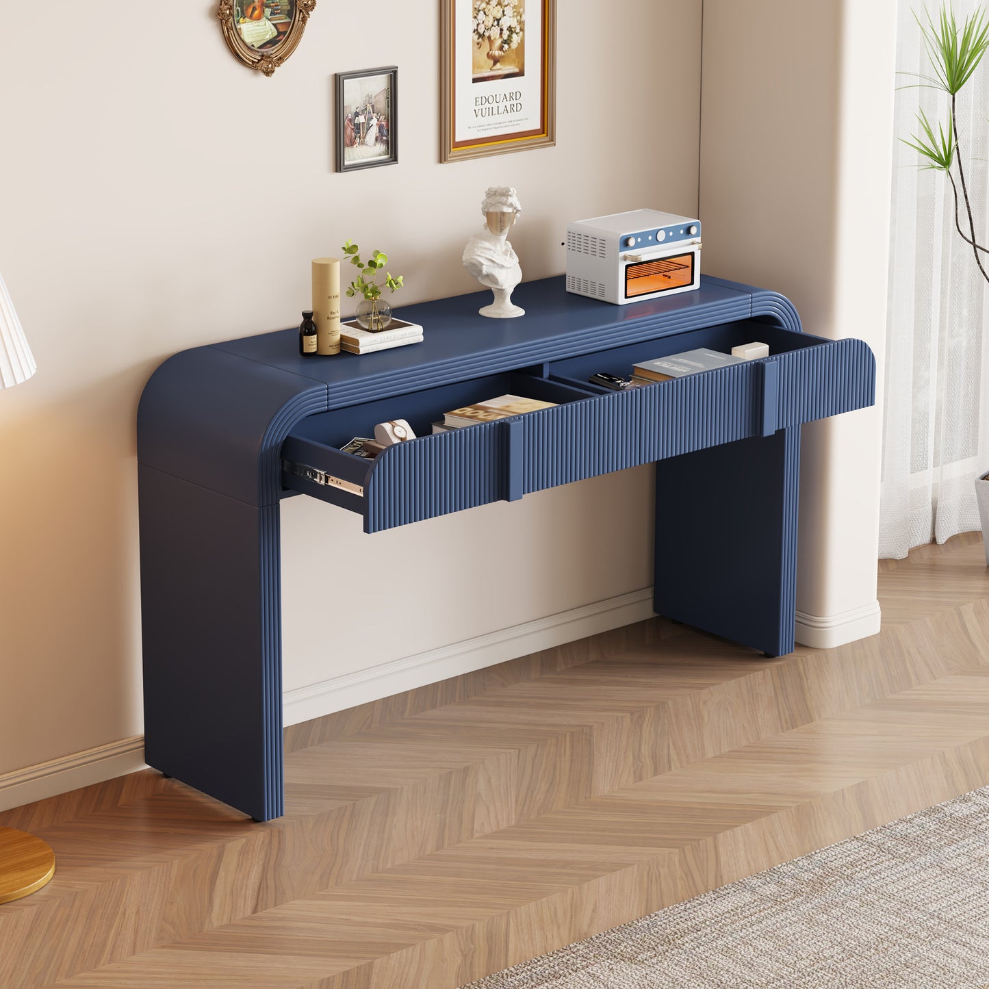 TREXM Unique Modern Rounded Silhouette and Smooth Surface Console Table with 2 Drawers for Living Room and Entryway(Navy Blue)