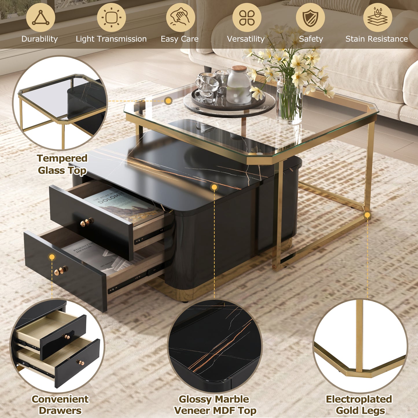 Modern 2 Pieces Black  Square Nesting  Coffee Table with Drawers & Electroplated gold legs in 27.6''