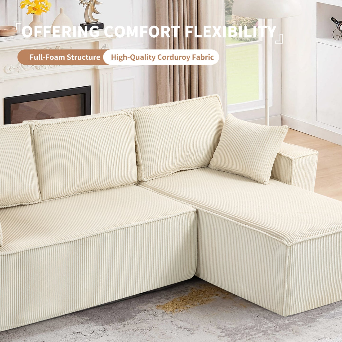 [Video provided] L-Shape Modular Sectional Sofa Couch - Comfy Upholstered Cloud Couch for Living Room - Modern Minimalist Couch,2 PIC Free Combination,No Assembly Required (Beige,Plush Corduroy)