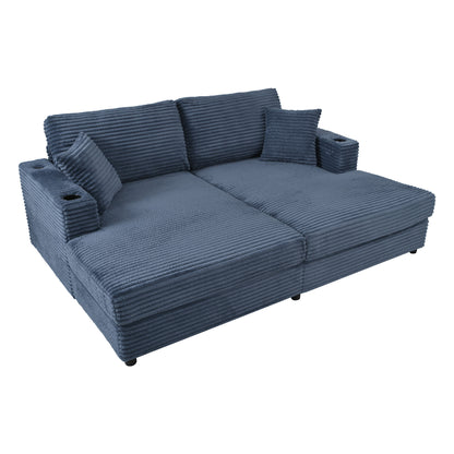 86.5" Oversized Loveseat Chaise Lounge Sectional Sofa Bed Corduroy Sleeper Sofa with Two USB Ports , Two Cup Holders and Two Throw Pillows for Living Room and Bedroom, Blue