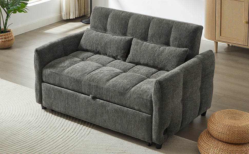 52.8" Loveseat Sofa Pull-out Sofa Bed Tufted Sleeper Sofa with an Adjustable Backrest, Three USB Ports and Two Lumbar Pillows for Living Room, Grey