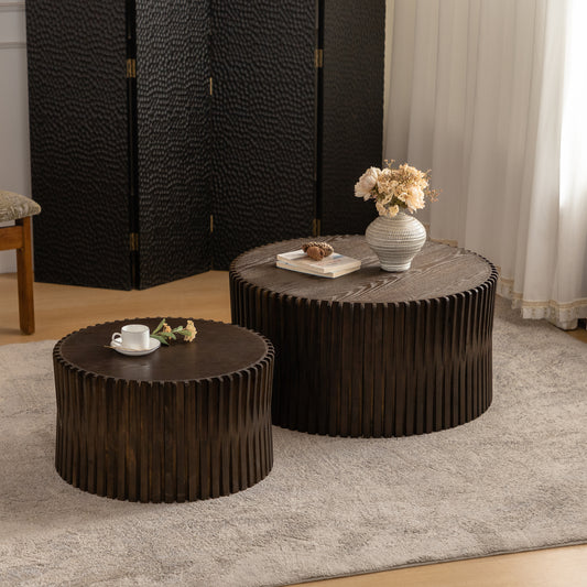 Vintage Fashion Style Cylindrical Nesting Coffee Table Set with Vertical Textured Embossed Design for Living Room, Office and Dining Room, Dark Brown (Set of 2)