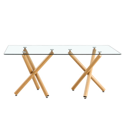 Large Modern Minimalist Rectangular Glass Dining Table for 6-8 with 0.39" Tempered Glass Tabletop and Wood Color Metal Legs, for Kitchen Dining Living Meeting Room Banquet hall, 71"Wx39" D x 30"H1538