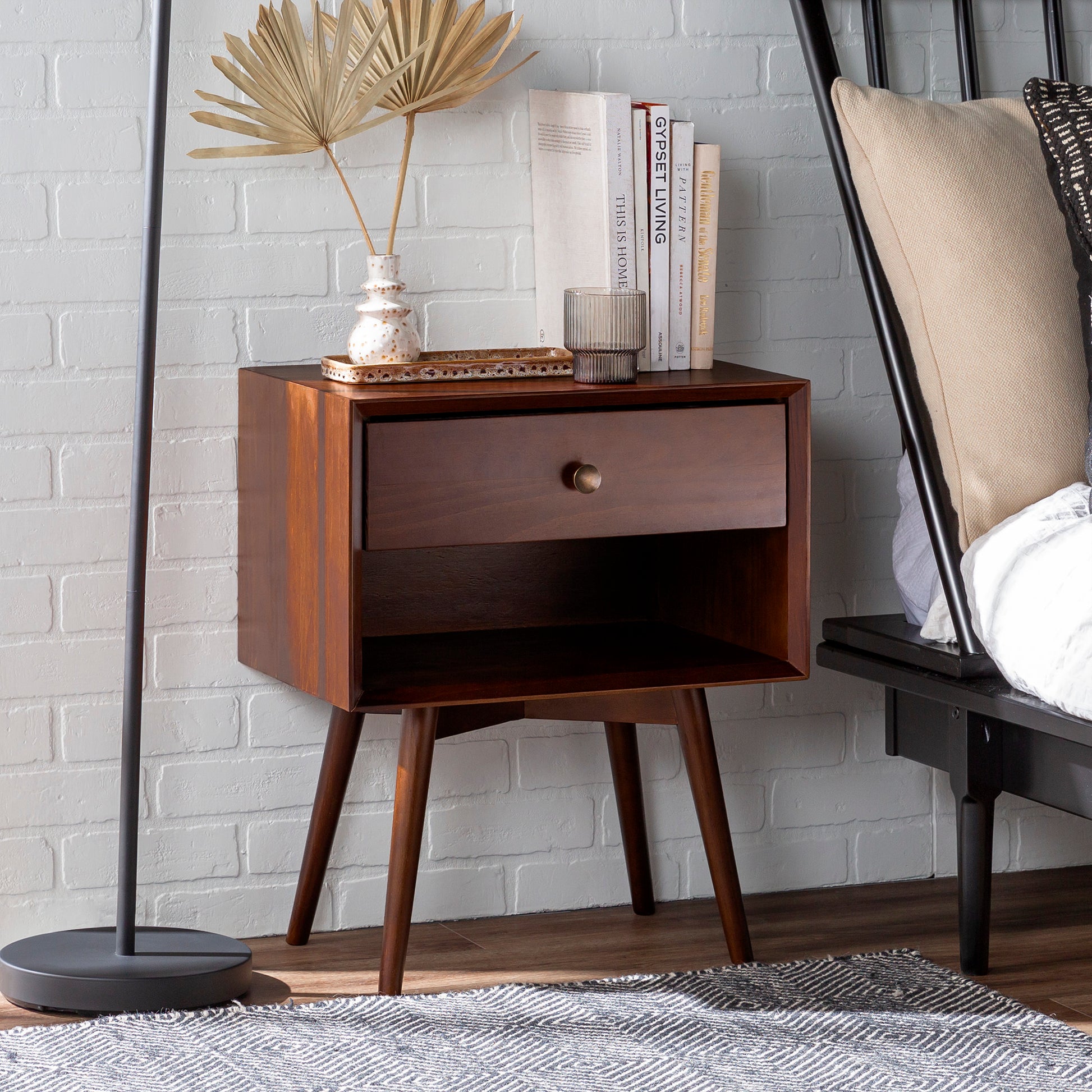 Mid-Century Modern Single-Drawer Solid Wood Nightstand - Walnut