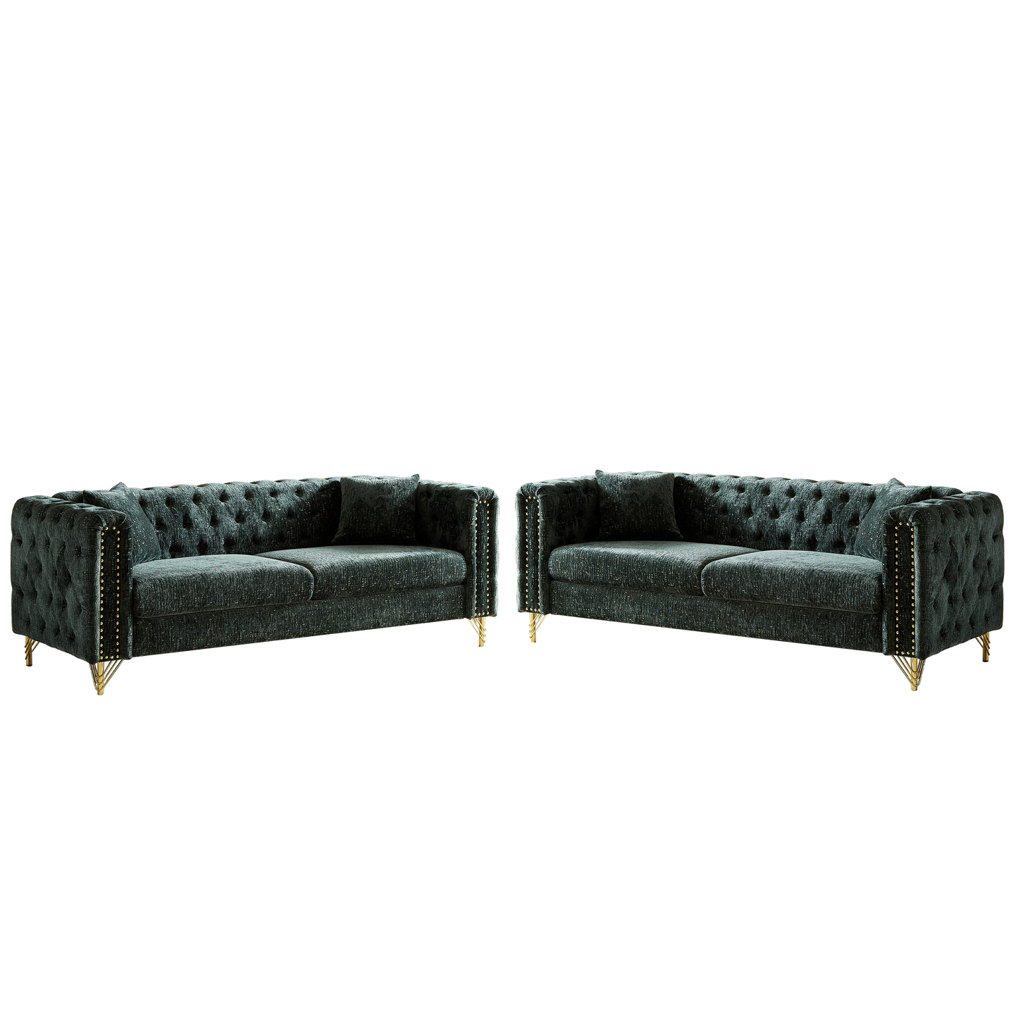 Chenille Pull Buckle Design Sofa for Living Room,Buttons Tufted With Copper Nail Decoration Armrest, Modern Couch Upholstered Button And Metal Legs