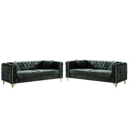 Chenille Pull Buckle Design Sofa for Living Room,Buttons Tufted With Copper Nail Decoration Armrest, Modern Couch Upholstered Button And Metal Legs