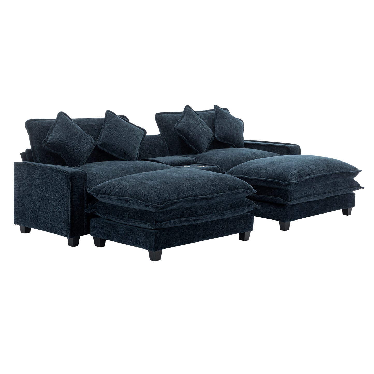 112.6" Sectional Sofa Chenille Upholstered Sofa with Two Removable Ottoman, Two USB Ports, Two Cup Holders and Large Storage Box for Living Room, Blue