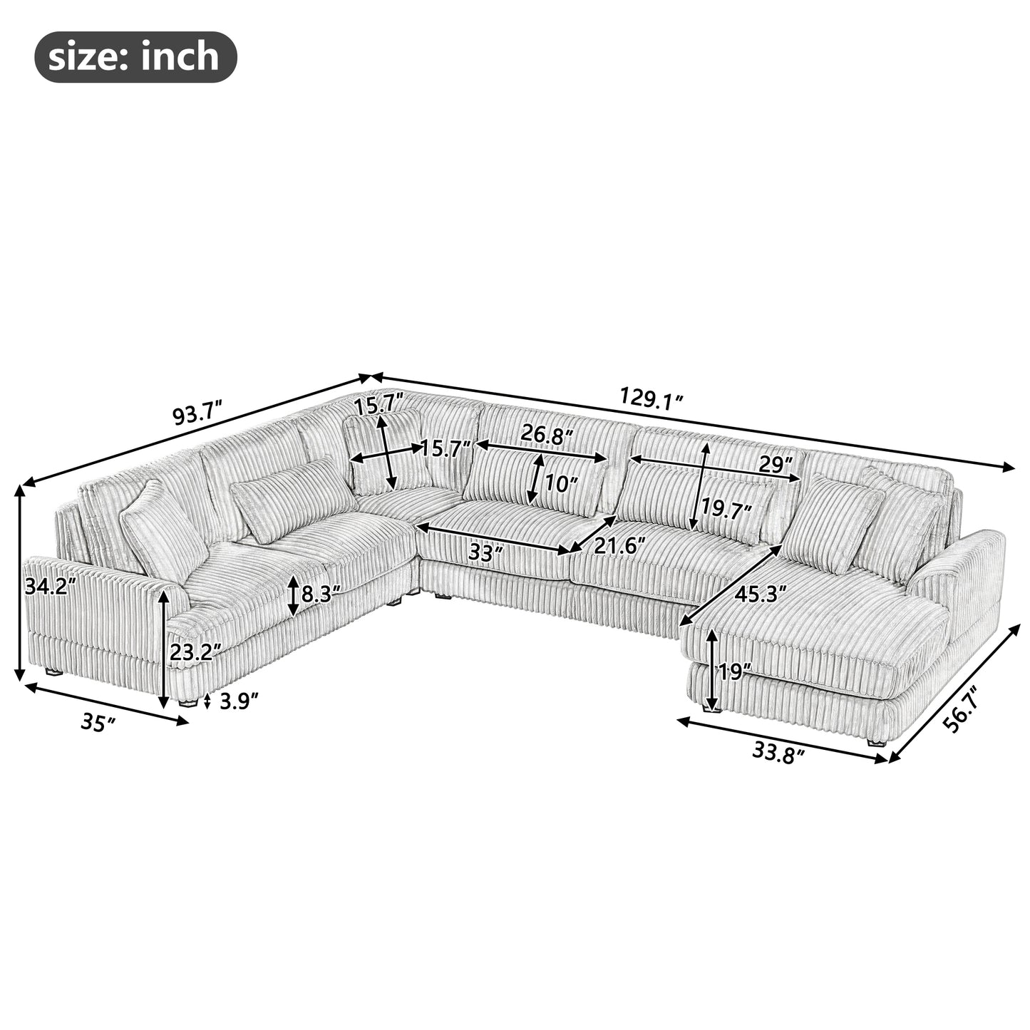 129" Oversized Sectional Sofa U-shaped Sofa Couch Modern Sofa Upholstered in Soft Corduroy with a Chaise Lounge for Living Room, Beige