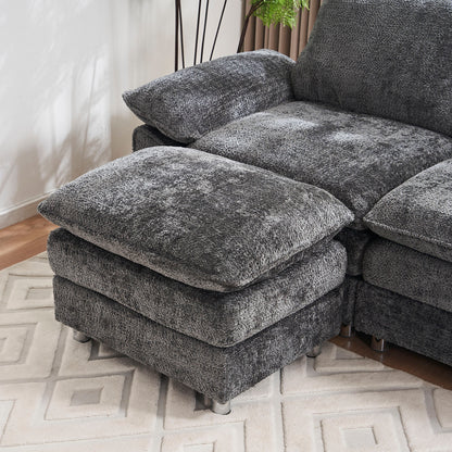 Modern Deep 3-Seat Sofa Couch with Ottoman, Polyester Sofa Sleeper Comfy Upholstered Furniture for Living Room, Apartment, Studio, Office,Dark Grey