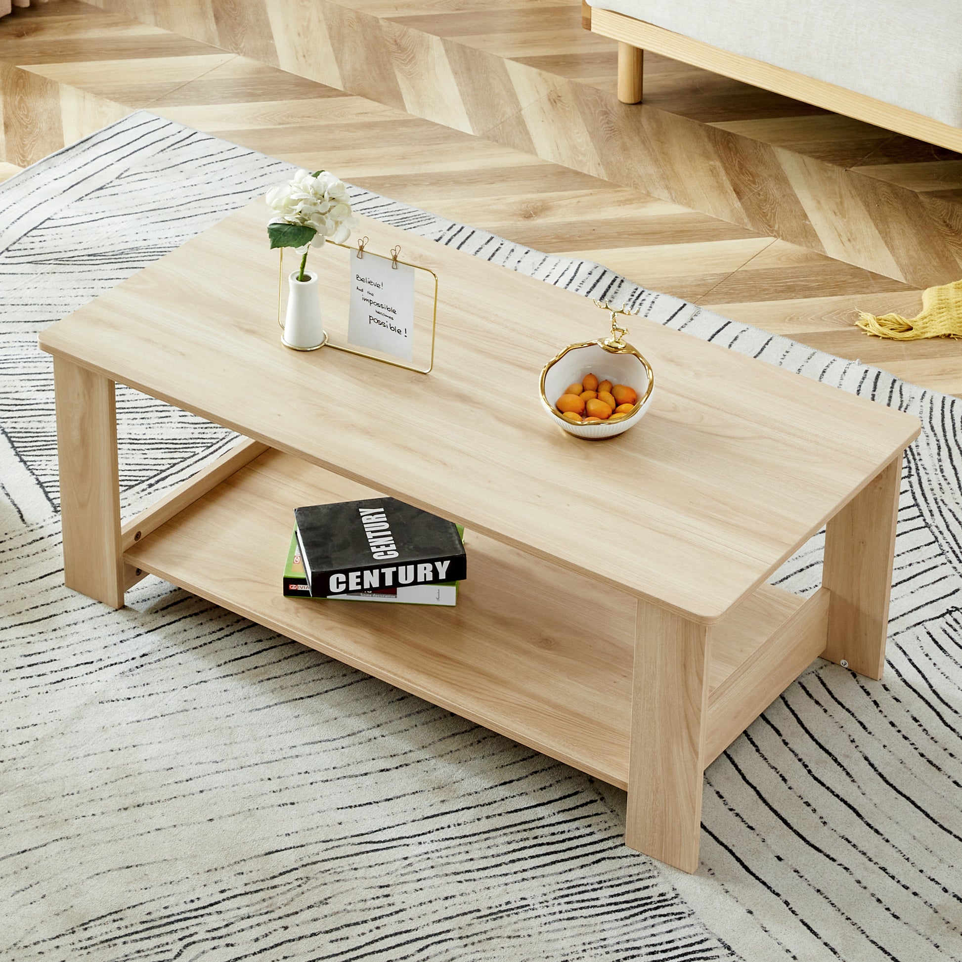 A modern and practical log colored textured coffee table,tea table. The double-layer coffee table is made of MDF material. Suitable for living room 43.3"*21.6"*16.5"