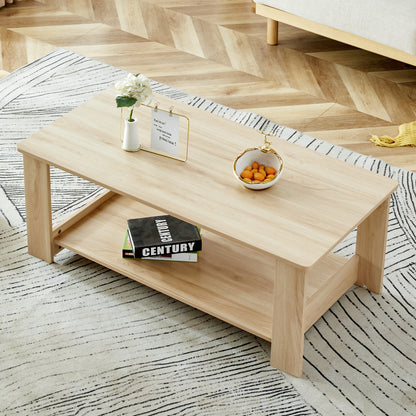 A modern and practical log colored textured coffee table,tea table. The double-layer coffee table is made of MDF material. Suitable for living room 43.3"*21.6"*16.5"