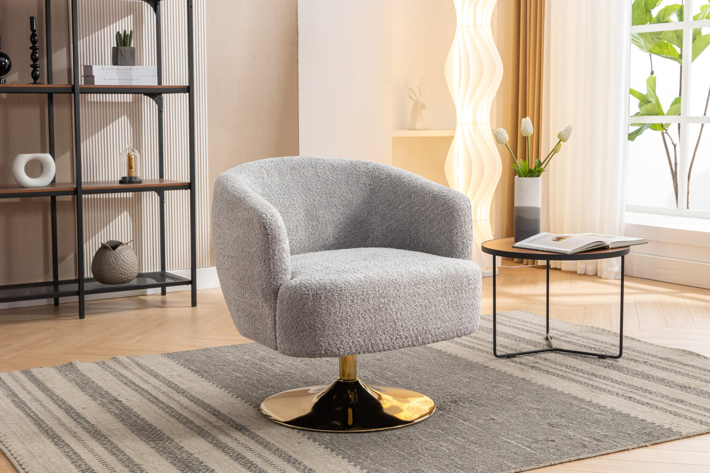 048-Chenille Fabric Accent Swivel Chair With Gold Metal Round Base,Light Gray