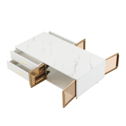 Modern White Coffee Table with 2 Glass Door Storage, 4 Drawers, Gold Metal Legs, and Multi-Color Lighting in 47.2''