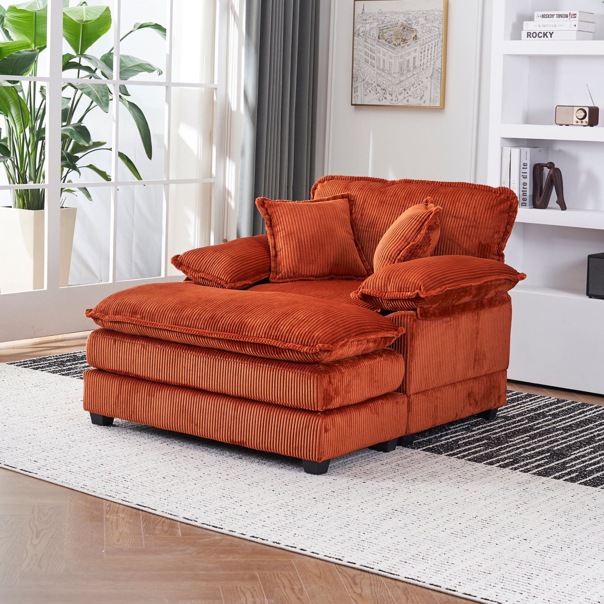 56.3 Inch Corduroy single sofa With  2 toss pillows and a ottoman ,Comfy Sofa- Deep Seat Couch for Living Room