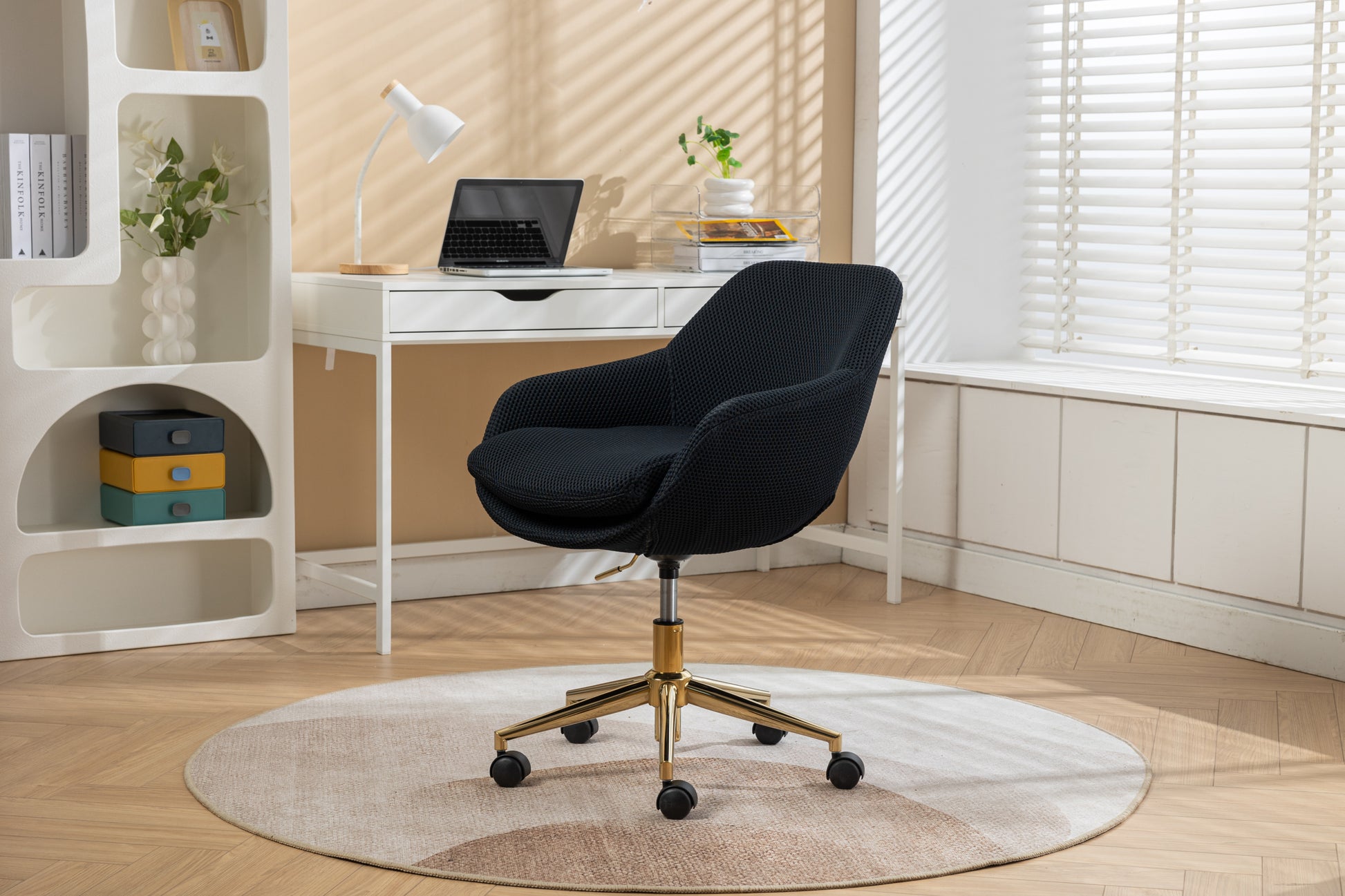 046-Mesh Fabric Home Office 360°Swivel Chair Adjustable Height With Gold Metal Base,Black