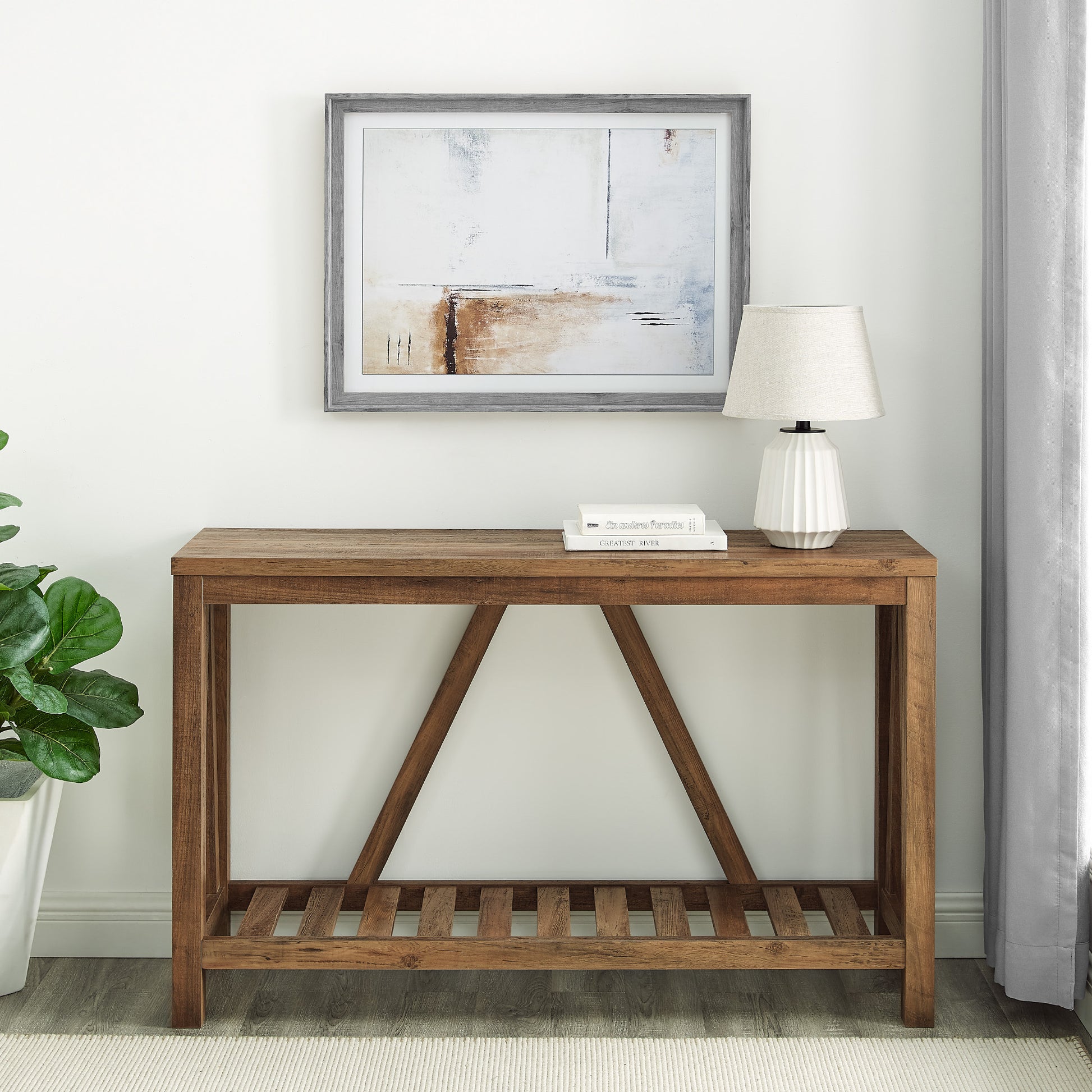 Farmhouse A-Frame Entry Table with Lower Shelf - Rustic Oak