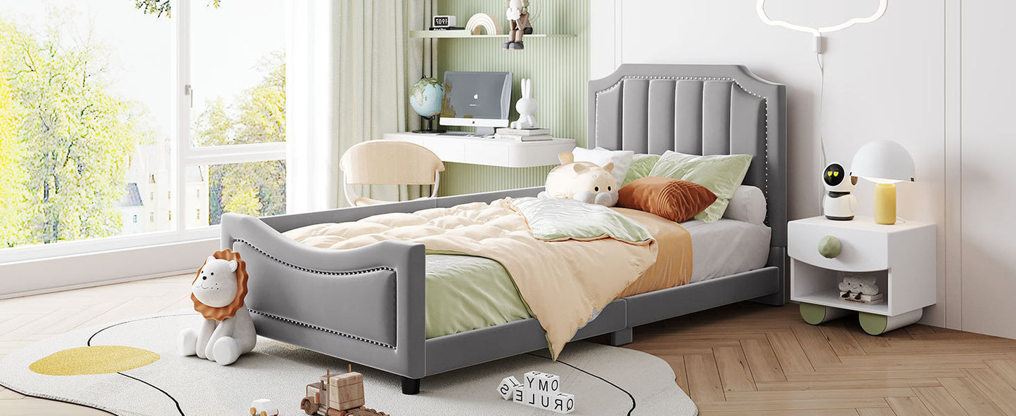 Twin Size Upholstered Daybed with Classic Stripe Shaped  Headboard, Gray