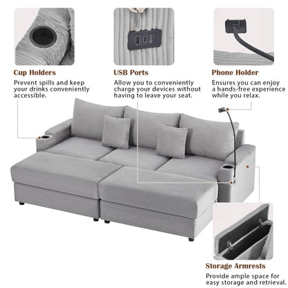 95.3" Modern Style 3-Seater Sofa Sectional Sofa Couch with Storage Space, Two Movable Ottomans, Two USB Ports, Two Cup Holders, A Phone Holder for Living Room, Grey