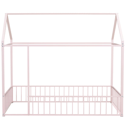 Twin Size Metal Bed House Bed Frame with Fence, for Kids, Teens, Girls, Boys, Pink