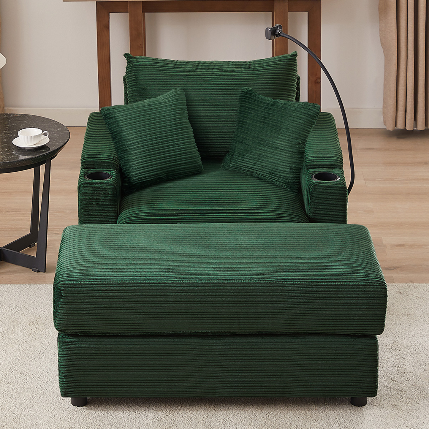 41.7" Modern Style Single Sofa Sofa Couch with Storage Space, A Movable Ottoman, Two USB Ports, Two Cup Holders, A Phone Holder for Living Room, Green