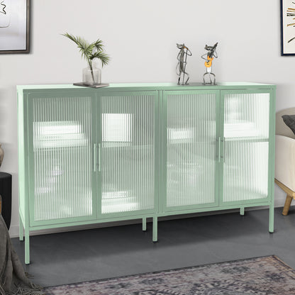 Stylish 4-Door Tempered Glass Cabinet with 4 Glass Doors Adjustable Shelf and Feet Anti-Tip Dust-free Fluted Glass Kitchen Credenza Light Green