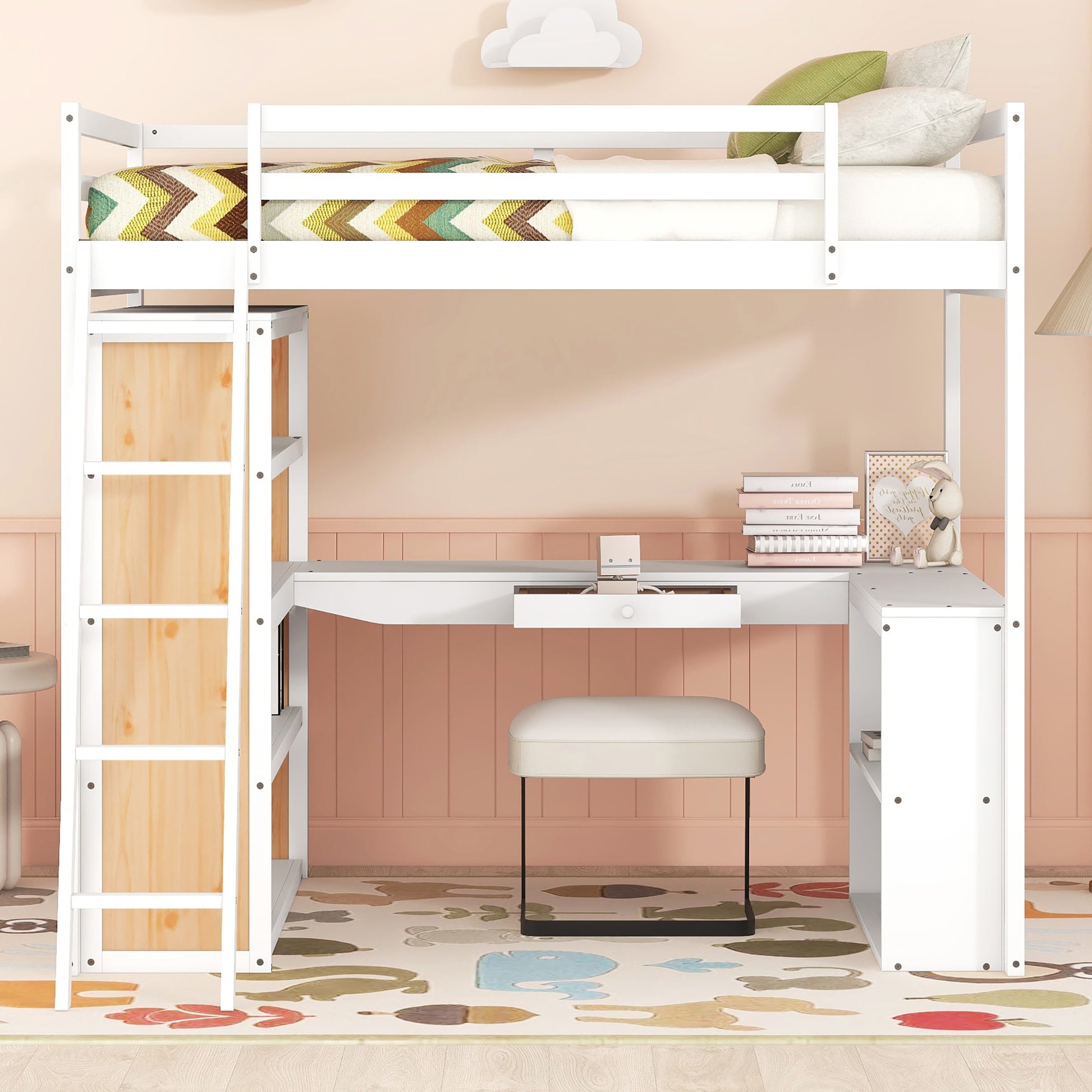 Full Size Loft Bed with Ladder, Shelves, and Desk, White(OLD SKU:LT000226AAK)