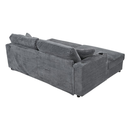 86.5" Oversized Loveseat Chaise Lounge Sectional Sofa Bed Corduroy Sleeper Sofa with Two USB Ports , Two Cup Holders and Two Throw Pillows for Living Room and Bedroom, Dark Gray