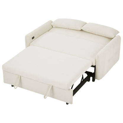 57.48" Pull-out Sofa Bed Convertible Couch 2 Seat Loveseat Sofa Modern Sleeper Sofa with Two Throw Pillows and USB Ports for Living Room, Beige(Old Sku:WF317760AAA)