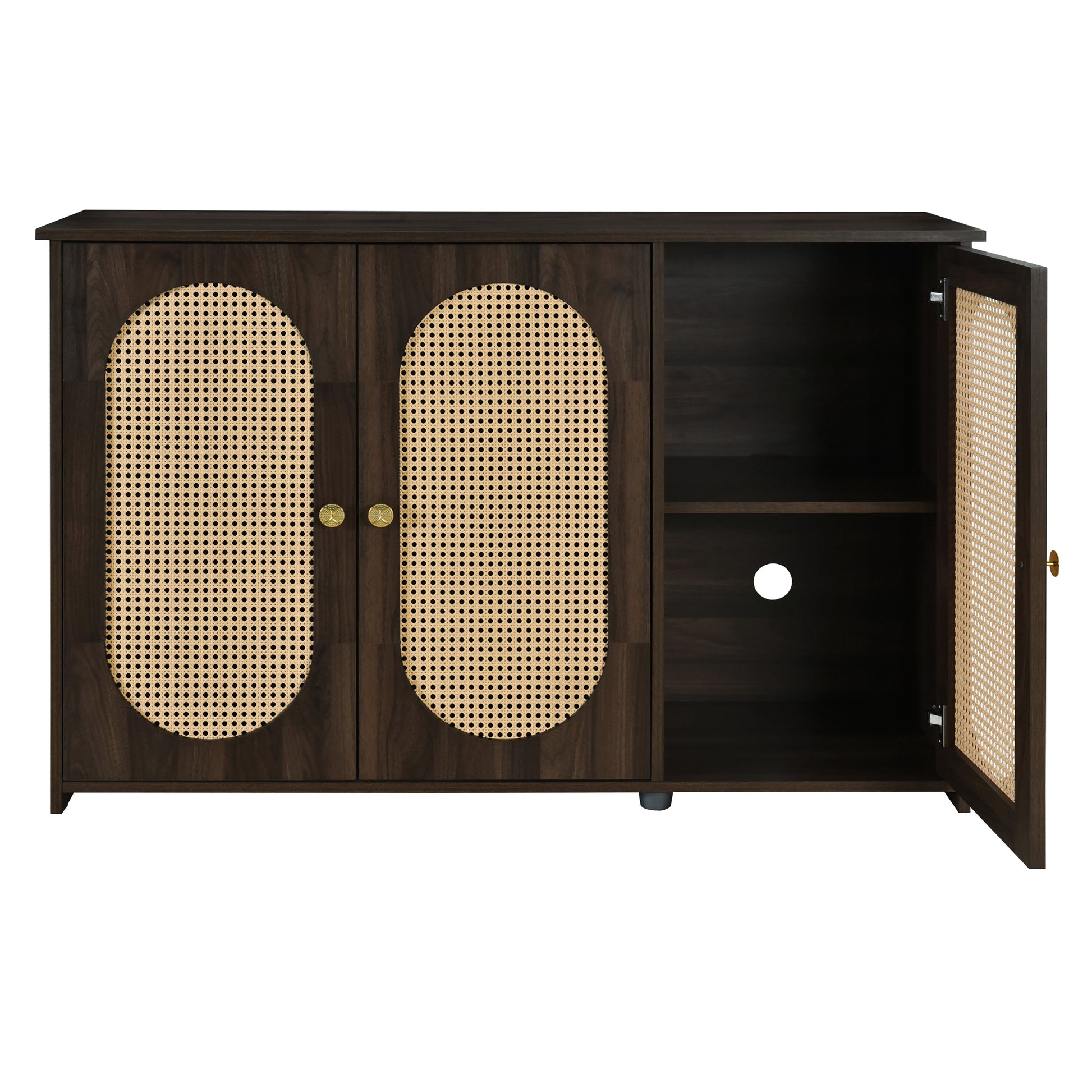 TREXM Retro 3-Door Sideboard with Large Storage Space Artificial Rattan Doors and Metal Handles, Accent Cabinet for Living Room and Hallway (Brown)